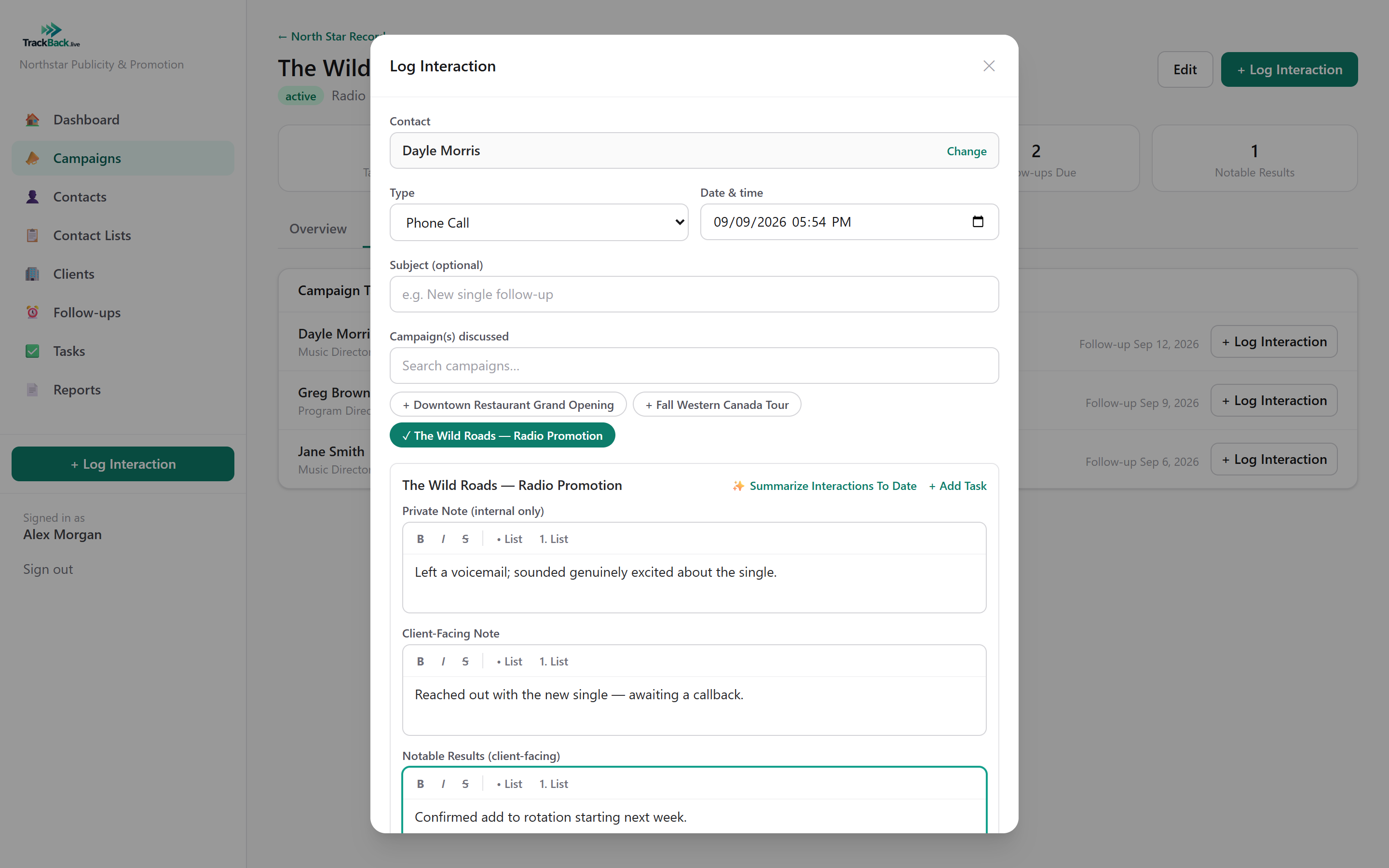 Log Interaction modal with private note, client-facing note, notable results, and a Summarize Interactions To Date button